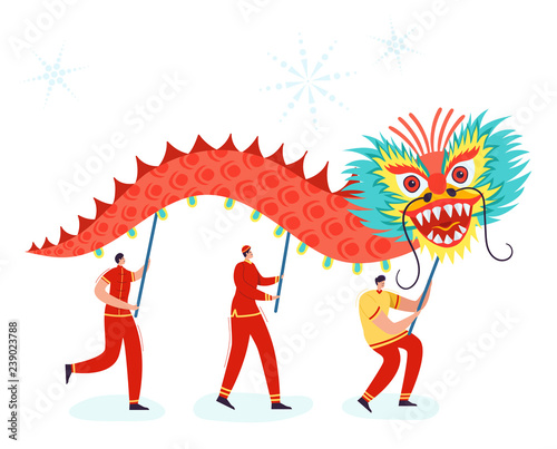 Chinese Lunar New Year People holding Dragon, wearing china traditional costume on parade or carnival. Characters in cartoon style vector illustration