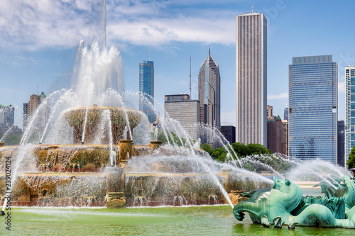 Buckingham fountain and  Chicago Downtown in Grant Park, Chicago, Illinois  photo
