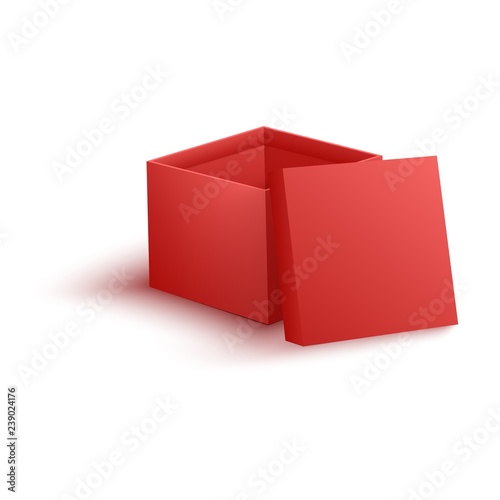 Open empty red paper box vector illustration in realistic 3d style isolated on white background, template or mockup for surprise and congratulation or delivery concept.
