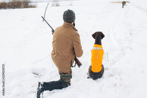 back view shot.a hunter and adog are ready to shoot at the animal.waitness, lawful hunting photo