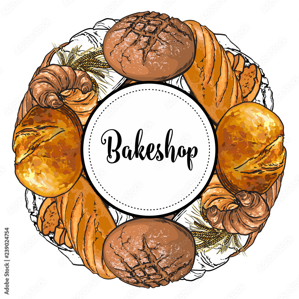 Φωτογραφία Bakeshop banner with colorful and line freshly baked bread, loaf and croissants in sketch style - isolated vector illustration of hand drawn bakery products with crispy crust and wheat ears