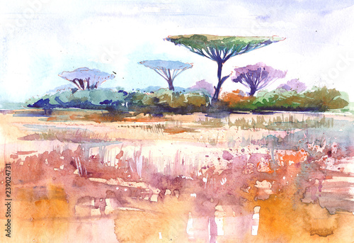 African landscape. Savana. Watercolor illustration