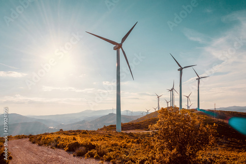 Wind turbines on beautiful sunny summer autumn mountain landsape. Curvy road through mountain Eolic park. Green ecological power energy generation. Wind farm eco field