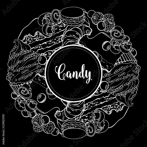 Vector candy shop monochrome brand logo, signage background or poster template. Cupcakes, croissant macaroni with delicious cream, berries emblem. Hand drawn sketch desserts for pastry menu design. photo