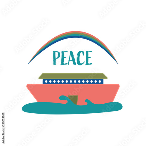 Christian worship and praise. Noah’s ark with rainbow and text: Peace