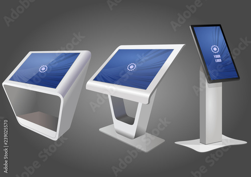 Three Promotional Interactive Information Kiosk, Advertising Display, Terminal Stand, Touch Screen Display. Mock Up Template.