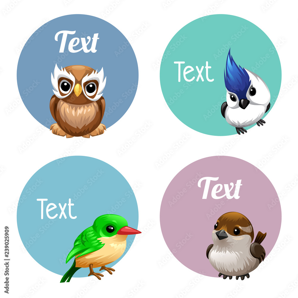vector cute cartoon labels of Birds, eagle owl, parrot. Chaffinch. green bird. Sparrow, blue crest, Canary vector cute cartoon labels of Birds, eagle owl, parrot. Chaffinch. green bird. Sparrow, blue crest, Canary