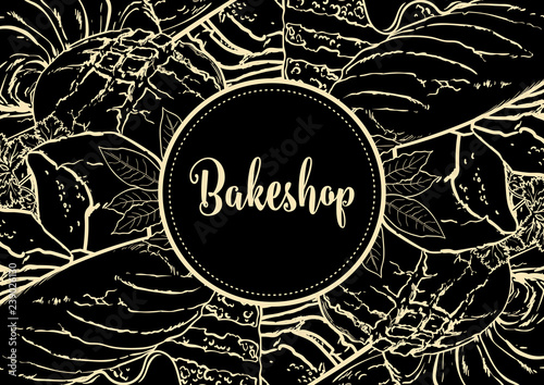 Vector illustration of bakeshop horizontal banner or menu cover with light brown line hand drawn bread, long loaf and croissants on black background - template with fresh bakery products.