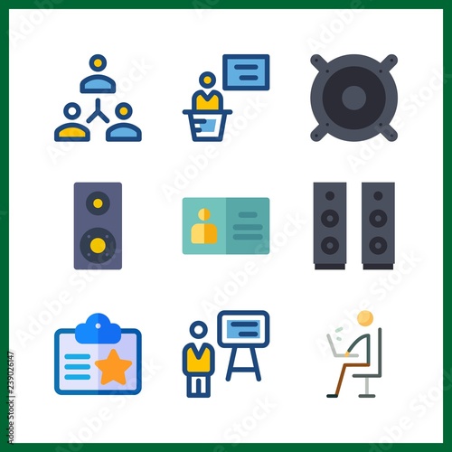 9 conference icon. Vector illustration conference set. id card and skype icons for conference works
