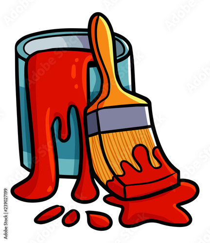 Cute and funny red paint brush and can in cartoon style - vector