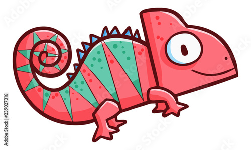 Funny and cute pink green chameleon smiling - vector