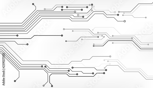 Circuit Board Technology Information Pattern Concept Vector Background. Grayscale Color Abstract PCB Trace Data Infographic Design Illustration.