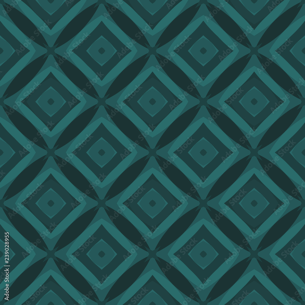 Seamless square bright pattern from geometrical abstract ornaments multicolored in emerald green shades on a dark background. Vector illustration. Suitable for fabric, wallpaper or wrapping paper