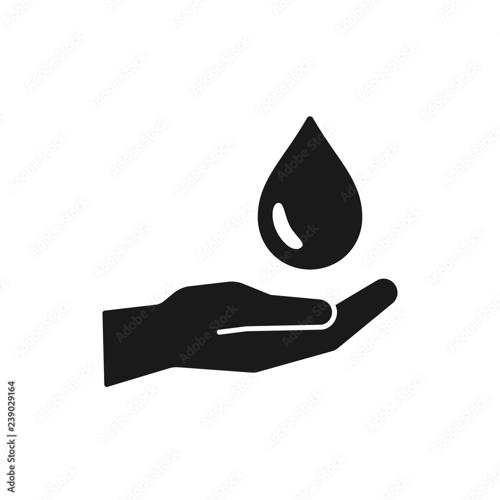 Black isolated icon of water drop, oil in hand on white background. Silhouette of aqua drop and hand. Symbol of care, charity. Save water. Flat design. Black isolated icon of water drop, oil in hand on white background. Silhouette of aqua drop and hand. Symbol of care, charity. Save water. Flat design.