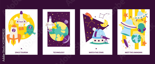 Space science cards set. Flying rockets. Space tourism. Technoogy. Watch the stars. Meet the uknown. Satellites  cartoon alliens and UFO spaceship icons vector illustration.
