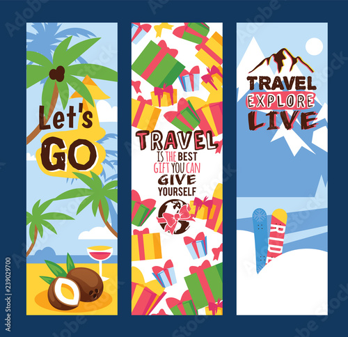 Travelling concept set of banners vector illustration. Let s go. Travel is the best gift you can give yourself. Travel explore live. Sunny beaches with palm trees with coconuts.