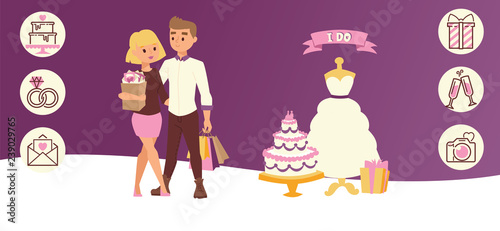 Wedding day party for just married couple horizontal banner vector illustration. Bride ansering I do. Wedding shopping. Accessories for celebration. Cake, engagement rings, champagne.