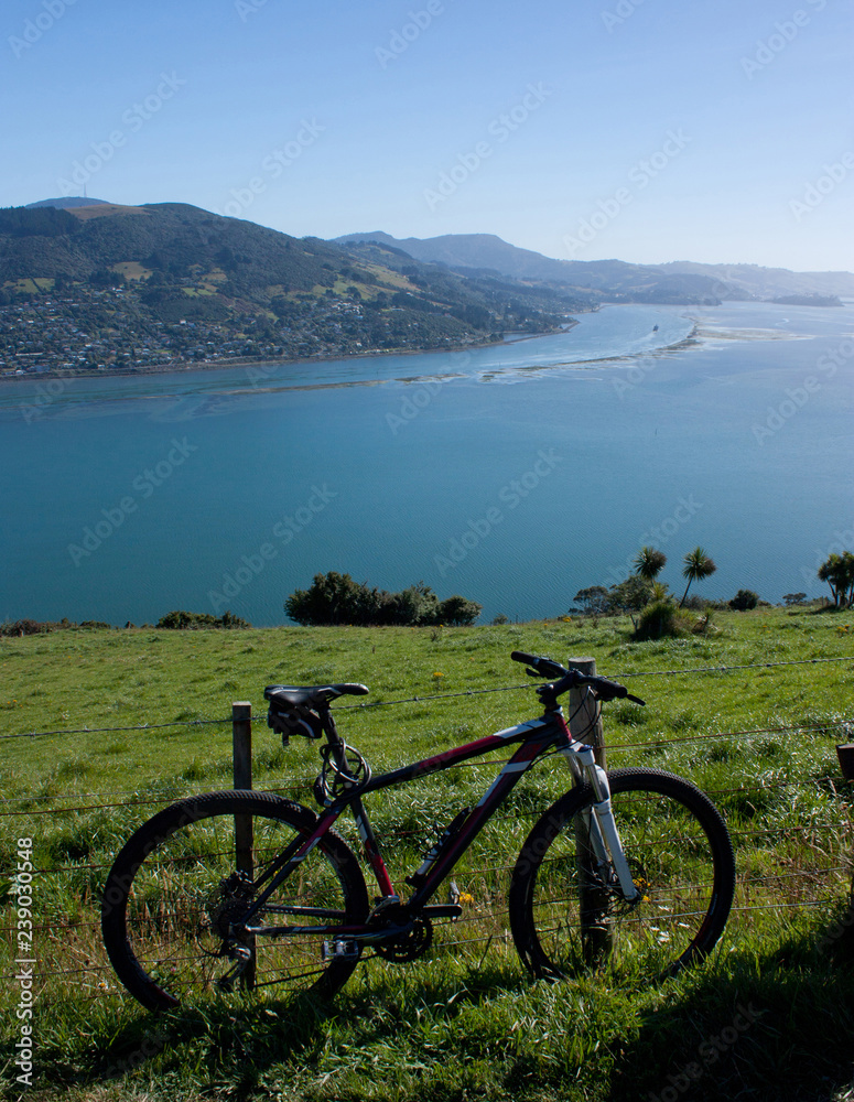 A bicycle leaning against a fence, at the background a view at the Otago Peninsula near Dunedin in New Zealand on a sunny day
