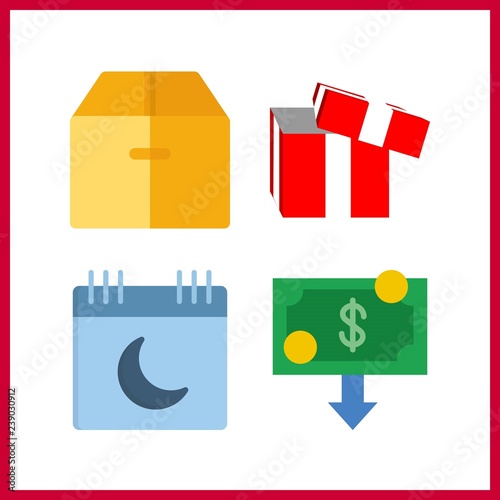 4 new icon. Vector illustration new set. calendar and box icons for new works