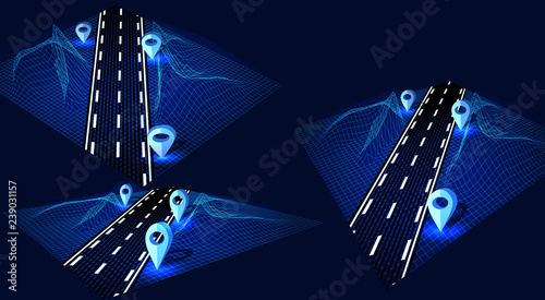 Road, highway in 3D on the graphical interface. Futuristic hud design element. Navigation method with markers. Geolocation. Skeleton landscape. illustration