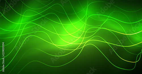 Abstract shiny glowinng color wave design element on dark background - science or technology concept