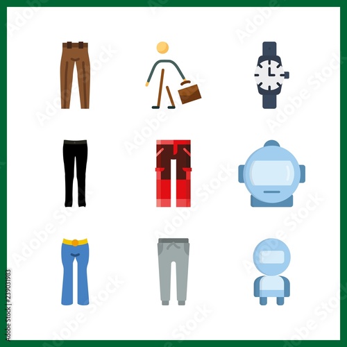 9 suit icon. Vector illustration suit set. trousers and watch icons for suit works