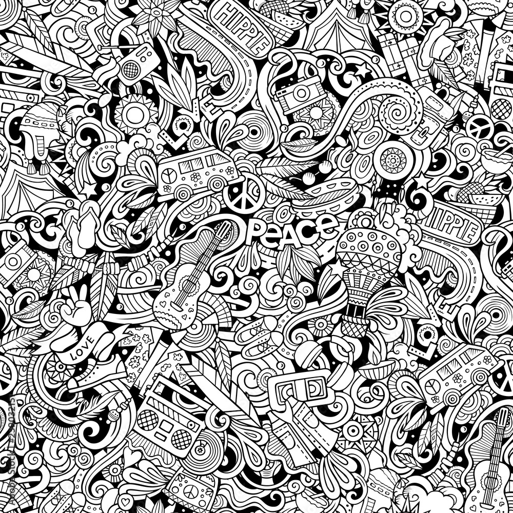Hippie hand drawn doodles seamless pattern. Hippy background.