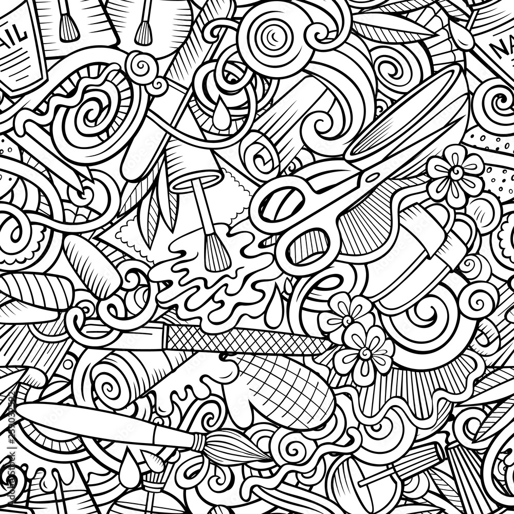 Manicure hand drawn doodles seamless pattern. Nails art background