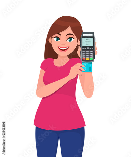Cute young woman holding a credit/debit cards or pos terminal payment machine and inserting card. Wireless modern bank payment, business and finance concept illustration in vector cartoon style.