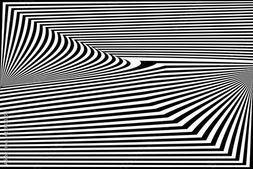 Abstract black and white striped background. Geometric pattern with visual distortion effect. Optical illusion. Op art.