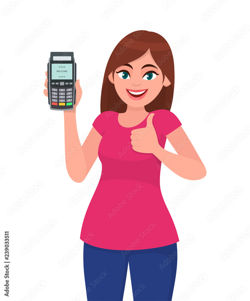 Young woman showing/holding pos payment terminal or credit/debit cards swiping machine, gesturing thumbs up sign. Wireless modern bank payment concept illustration in vector cartoon style. Young woman showing/holding pos payment terminal or credit/debit cards swiping machine, gesturing thumbs up sign. Wireless modern bank payment concept illustration in vector cartoon style.