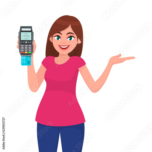 Young woman/girl showing pos terminal or credit/debit cards swiping machine and gesture hand to copy space side away. Wireless modern bank payment concept illustration in vector cartoon style.