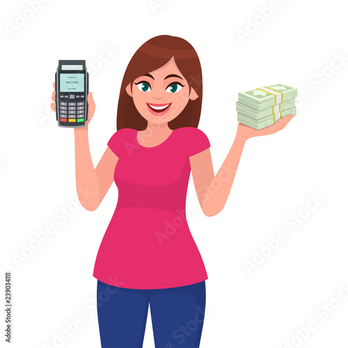 Young woman showing pos terminal or credit/debit cards swiping machine and holding bundle of cash/money/currency notes. Wireless modern bank payment, finance concept illustration in vector cartoon.