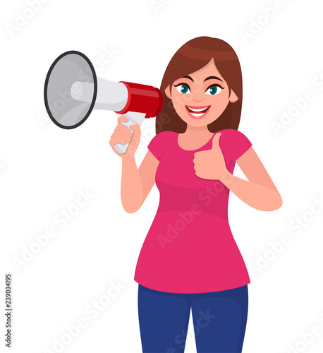 Happy young woman holding a megaphone/loud speaker and gesturing thumbs up sign. Girl making announcement with megaphone. Megaphone and loudspeaker concept illustration in vector cartoon style.