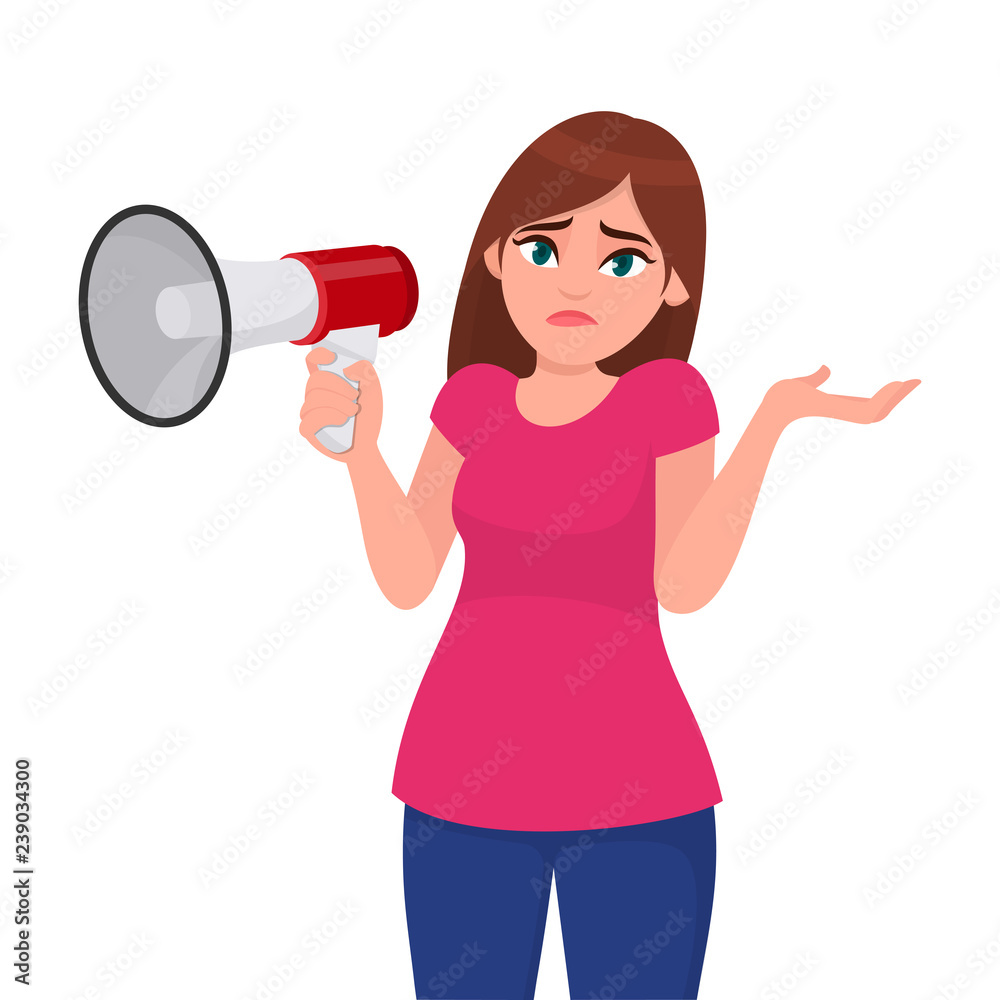 Doubtful woman shrugging and showing hand gesture while holding a megaphone/loud speaker. Oops! Sorry! Question. I do not know. Human emotion and body language concept illustration in vector cartoon. Doubtful woman shrugging and showing hand gesture while holding a megaphone/loud speaker. Oops! Sorry! Question. I do not know. Human emotion and body language concept illustration in vector cartoon.