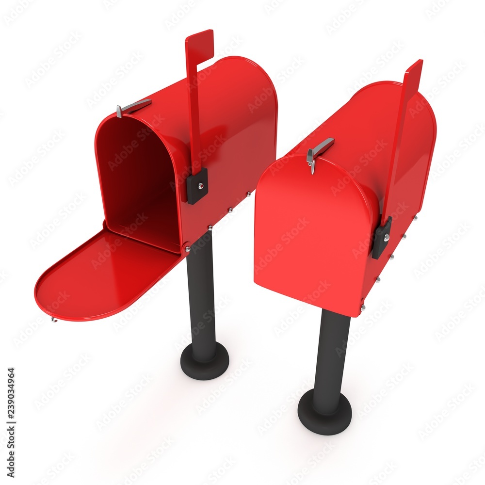 Mailbox with open door and raised flag. 3d render illustration isolated on white background. Mailbox with open door and raised flag. 3d render illustration isolated on white background.
