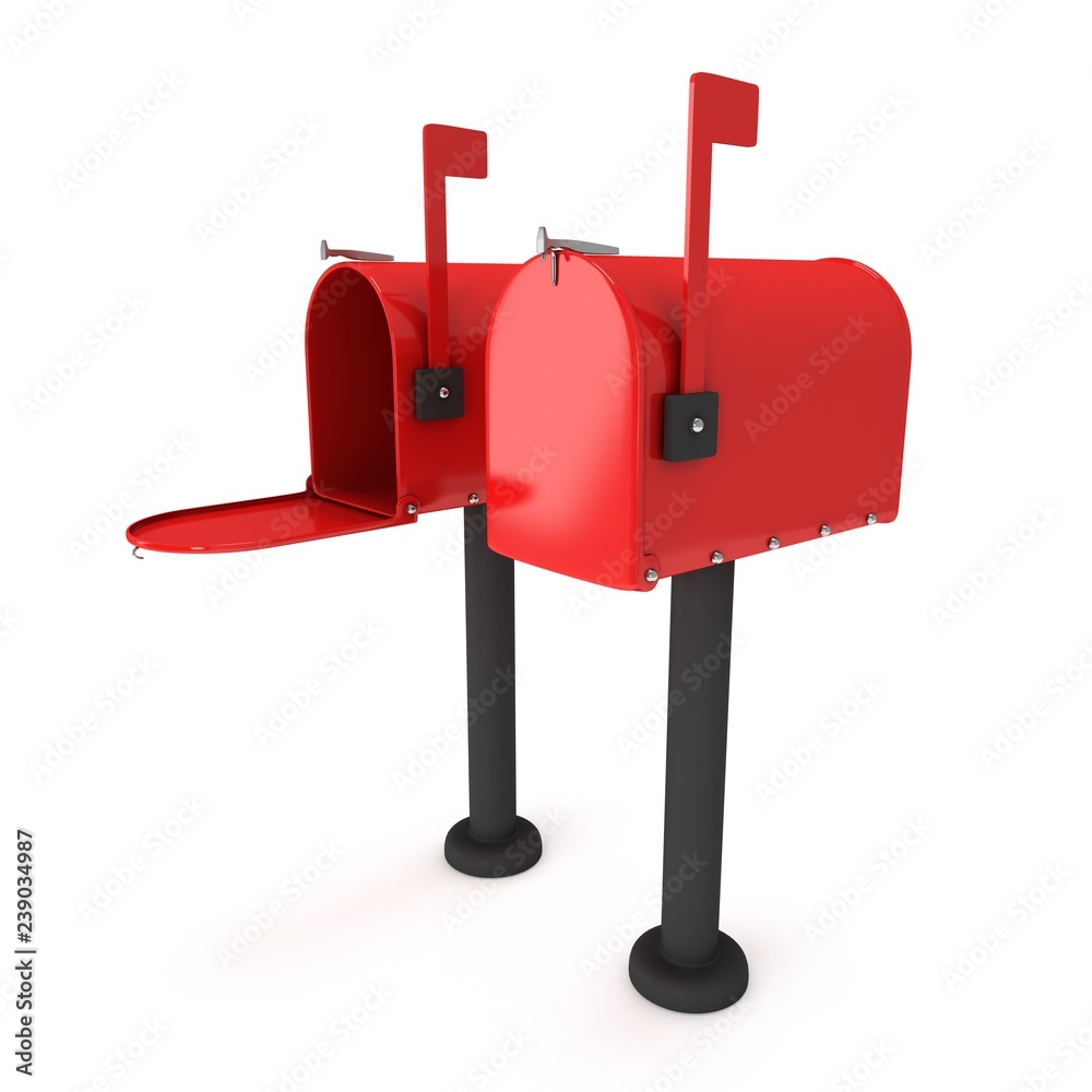 Mailbox with open door and raised flag. 3d render illustration isolated on white background. Mailbox with open door and raised flag. 3d render illustration isolated on white background.