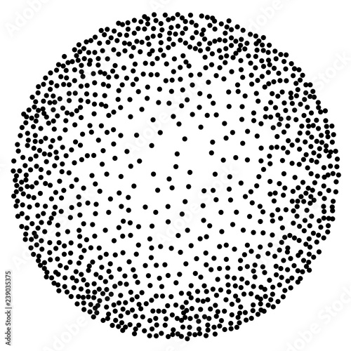 Dot work sphere Pointillism style. Vintage engraved ball Chaotic halftone circle vector logo symbol. Abstract dotted illustration 