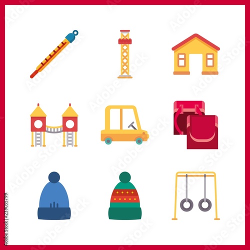 9 child icon. Vector illustration child set. school bag for girl and winter hat icons for child works