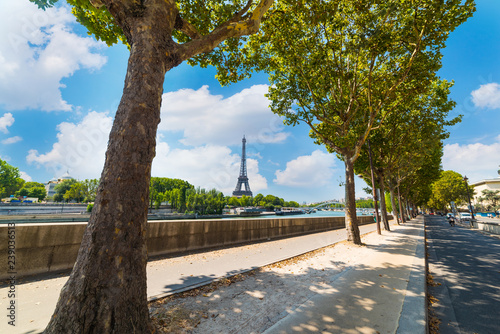 Green trees by Seine River with world famous Eiffel tower on the background