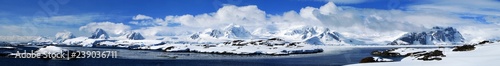 Great panorama view over Pennola Strait near Galindez Island, Vernadsky base in Antarctic