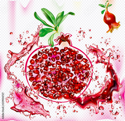 Splashes of juice on the background of pomegranate silhouette