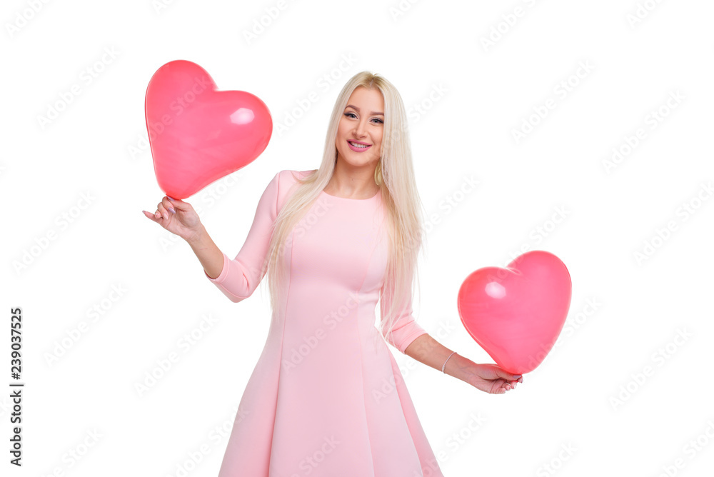 Beautiful young blond woman with pink heart shape air balloons on white isolated background. Woman on Valentine's Day. Symbol of love - Image. Space for text Beautiful young blond woman with pink heart shape air balloons on white isolated background. Woman on Valentine's Day. Symbol of love - Image. Space for text