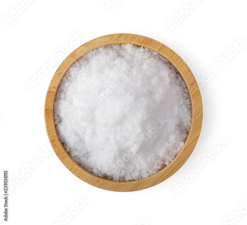 Salt in wood bowl isolated on white background. top view