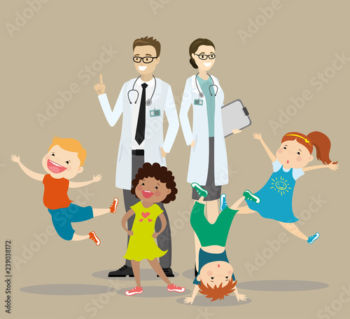 Couple of doctors and happy active kids,Children Health concept,
