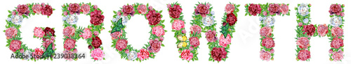 Word growth of watercolor flowers for decoration