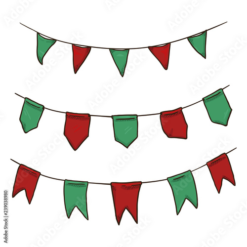 Vector Set of Hand Made Flags on the Rope. Christmas Colors Pennants.
