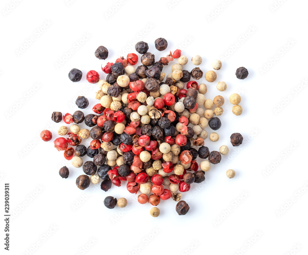 Mixed of peppers hot, red, black and white pepper isolated on white background. Top view Mixed of peppers hot, red, black and white pepper isolated on white background. Top view