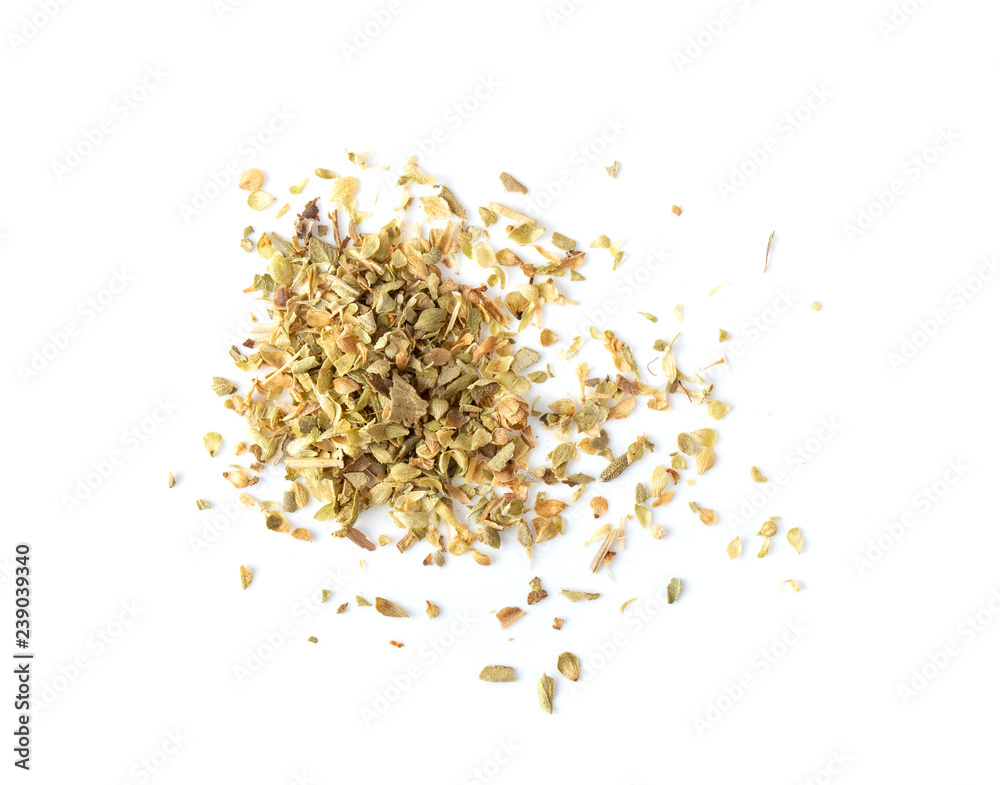 Oregano spice on white background. top view Oregano spice on white background. top view