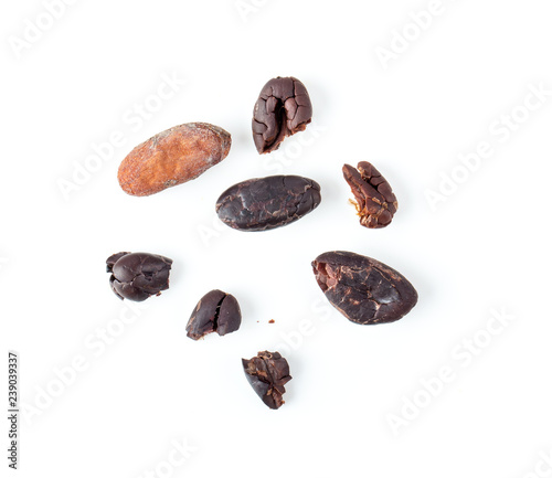 Cocoa beans Isolated on white background. top view